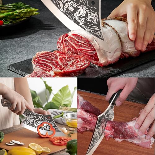 iPatio Japanisches Messer Küchenmesser Profi Messers, Original Japanisches Kochmesser im Damaststahl, Hackmesser Ausbeinmesser mit Lederscheide, Küchenmesser Outdoor Messer für Küchen Camping BBQ