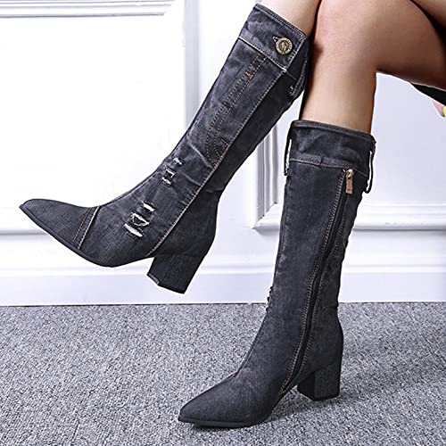 Hbeylia Knee High Jeans Tall Boots For Women Fashion Casual Punk Denim Pointed Toe Chunky Block Mid Heels Knee Length Long Boots Goth Winter Fall Dress Pump Boots For Ladies Night Party Favor4