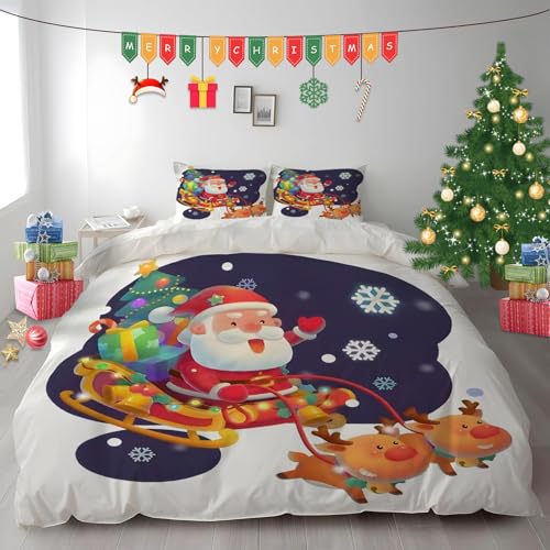 布団カバー クイーン アニメサンタクロース|マイクロファイバー 掛け布団カバー 210x210 +枕カバー 2枚 3点セット|吸汗速乾・防静電気・洗濯耐久|肌ざわり最高 トナカイと雪の結晶 なプリントデザイン PH1157