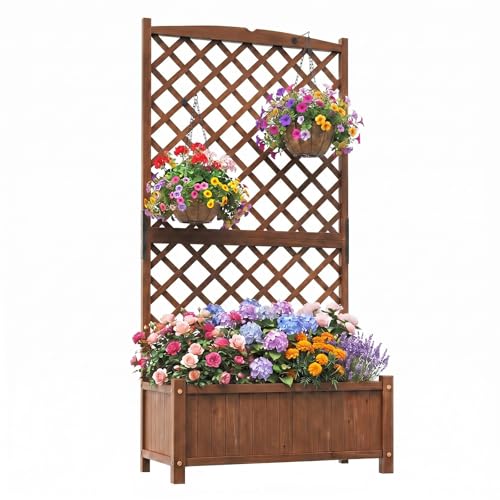 COSTWAY Blumenkasten mit Rankgitter Pflanzkasten Tannenholz Pflanzkübel mit Sichtschutz Hochbeet mit Spalier Drainagelöchern Rankhilfe für Kletterpflanzen Garten Terrasse 90x45x180 5cm (Braun)