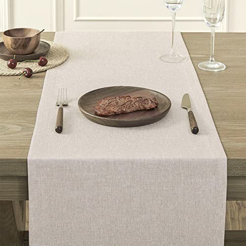 Image of ZeeMart Basic Linen Style Table Runner, 14x72 Inch Light Tan | Mitered Corner Design, Medium Weight Fabric, Rustic Farmhouse Style, Machine Washable Easy Care Everyday Table Scarf