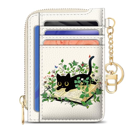 GIANCOMICS Slim Wallet Credit Card Holder Women, Black Cat Rfid Blocking Small Card Case, Keychain Thin Pocket Curved Zipper Wallet, Travel Card Holder PU Leather ID Window, Ladies Female Gifts