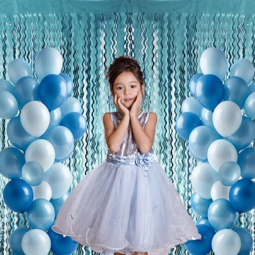 Image of GOER 2 x 3m Metallic Tinsel Fringe Curtains, Pack of 2, Streamer Backdrop for Birthday, Graduation Decoration and New Year's Eve (Matte Light Blue)