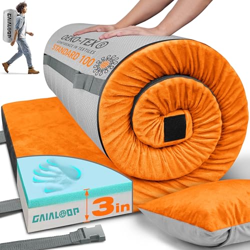 Image of GAIALOOP 3 Inch Memory Foam Camping Mattress, Dual Layer Thick Sleeping Camp Pad for Car Tent Cot, Roll-Up Portable Glamping Floor Bed for Guests Sleepover