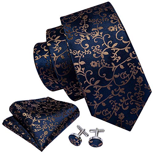 Image of Barry.Wang Flower Ties for Men Handkerchief Cufflinks Set Wedding Necktie Set Party