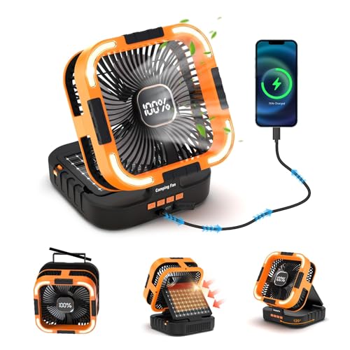 Portable Fan Desk Solar Fan - 20000mah Camping Fans Battery Fans with Solar Panel 120 Auto Oscillating 6 Wind Speeds 3 Light Modes Timer Handle Foldable Table Fans for Home Office Travel (Green)