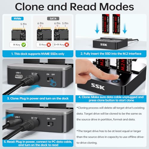 SSK M.2 NVMe SSD Cloner, Dual Bay Enclosure, Tool-Free 20Gbps USB3.2 Gen 2X2 Docking Station for M Key PCIe NVMe SSD Reader, Offline Clone - Image 5