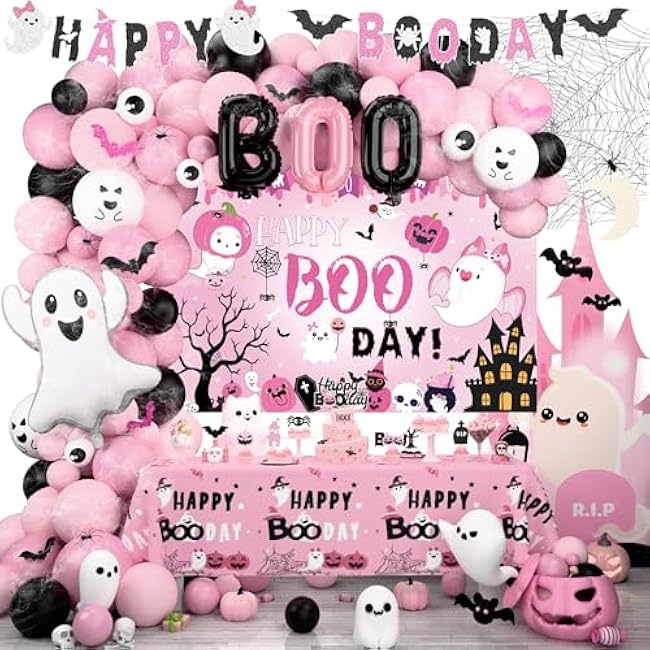 Pink Happy Boo Day Party Decorations, Halloween Birthday Party Decorations Girls, Happy Spooky Booday Balloon Garland Backdrop Ghost Spider Web Banner Topper Bat for Halloween Boo Party Supplies Girl
