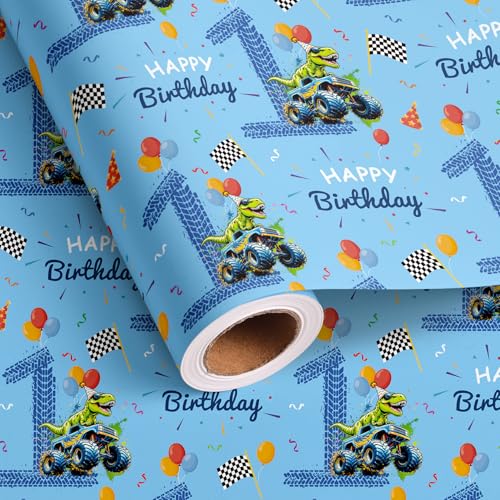 Altarho 1st Birthday Wrapping Paper Roll - Blue Dinosaur Monster Truck Happy Birthday Gift Wrap Design for Kids Boys Baby Shower Party Decoration Celebration Total 28.5 sq.ft