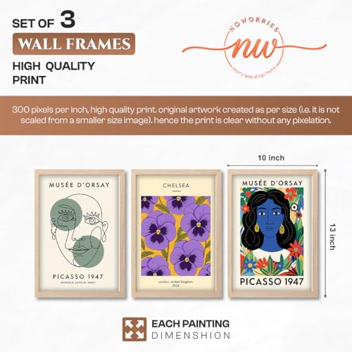 Image of NoWorries Modern Abstract Wall Art Frame | London Chelsea Floral Print & Picasso' Inspired Wall Art Paintings 300 GSM Premium Prints | Stylish Home Decor for Living Room, Office & Bedroom | Synthetic Wooden Wall Art Frames (Set of-3) (NATURAL, ART-3, 10X13INCHES)