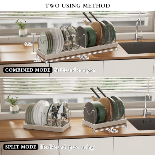 CICUFY 2 Pack Pots and Pans Organizer Under Cabinet, 23" Pot Lid Holder Rack Inside Cabinet with 10 Adjustable Dividers, Pan Lid Organizer with Guardrail For Kitchen Countertop, White - Image 2