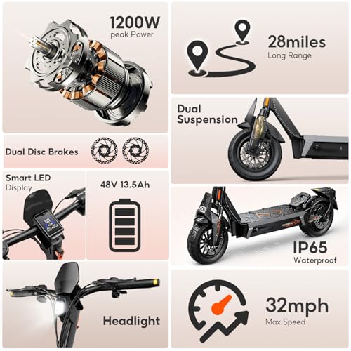 Image of Electric Scooter 32MPH, 1200W Fast E-Scooter for Adults and Teens, 10 Inch Off-Road Tires,IP65 Portable and Foldable Long Range Escooter Commuter