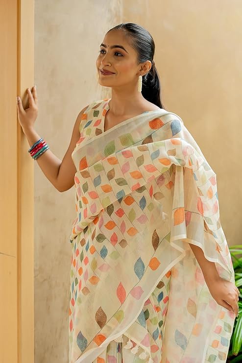 Image of RAJESHWAR FASHION WITH RF Soft Linan Cotton Summer collection rose digital print Traditional look saree beige