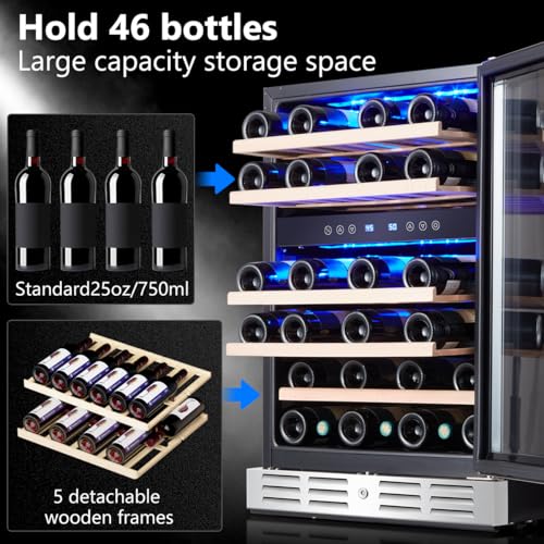 kalamera 24 inch wine cooler 46 bottle - dual zone built-in or freestanding fridge with stainless steel reversible glass door for home kitchen or office