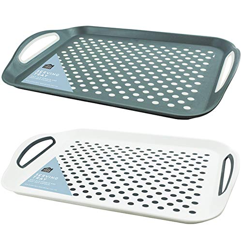 4 x Anti-Slip Plastic Party New Drinks Serving Kitchen Trays Grip Rubber Handles Surface, Dinner Non Slip Tray, Top Bottom Home Garden Office Cooking Dining Coffee Tea Black Grey White By SO - Image 4