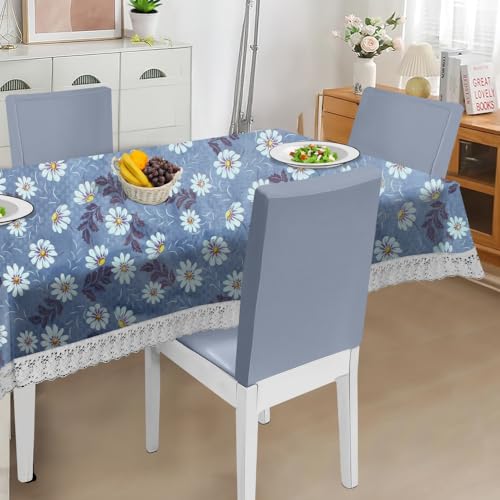 Image of The Furnishing Tree Waterproof PVC Rectangle Shaped 10 Seater Table Cover WxL 60x120 inches Floral Pattern Blueish Grey with White Border lace