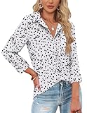 HOTOUCH Womens White Blouse Button Down Shirts Long Sleeve Polka Dot V Neck Blouses Office Casual Business Tops with Pocket L
