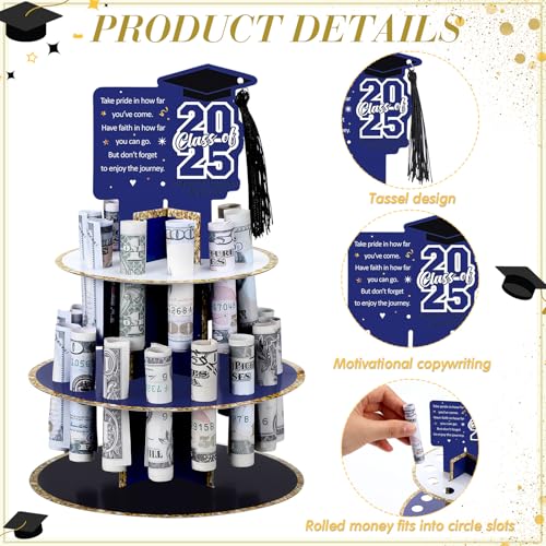Spakon 2 Pcs 2025 Graduation Money Holder for Cash Gift Tower Tiered Cash Cake with 25 Holes for Congrats Grad Class of 2025 Graduation Party Supplies Decorations4