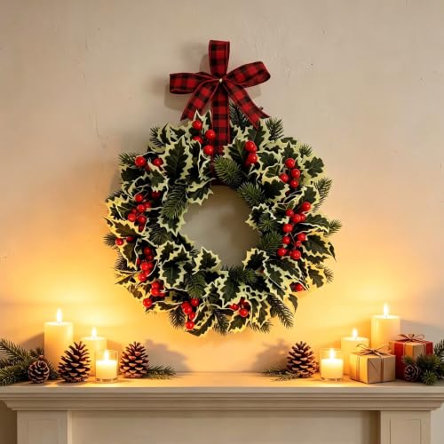 13.78in Christmas Wreath with Berries Plaid Bow for Front Door Wall - image 4