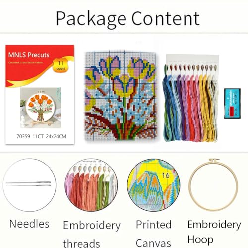 Image of Zhenqing Orange Tulip Bouquet Cross Stitch Kit for Beginners - Complete Set with Pre-Printed 11CT 24x24cm Fabric, Hoop & Threads(70359)