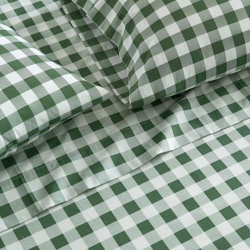 Image of Martha Stewart - King Size Sheets Set, Crisp & Tailored Sheets w /a Naturally Smooth Cotton Percale Lightweight Feel - Bed Sheets w /Matching Pillowcases (Madison Gingham Green)
