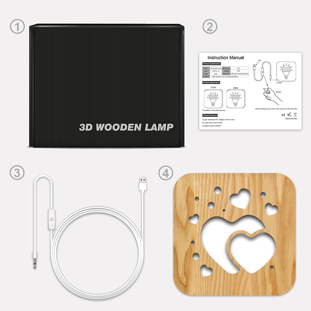 Lampe de Table LED Creative 3D En Bois Lampe de Bureau avec USB Power Cartton Veilleuse Maison Chambre Décor Lampe, Saint Valentin