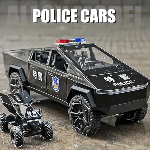 Image of 1:24 Scale Die-Cast CyberTruck Police【Free Wheel】 with 6 Openable Doors,Steerable Tyres,Working Horn,Working Lights (Black)