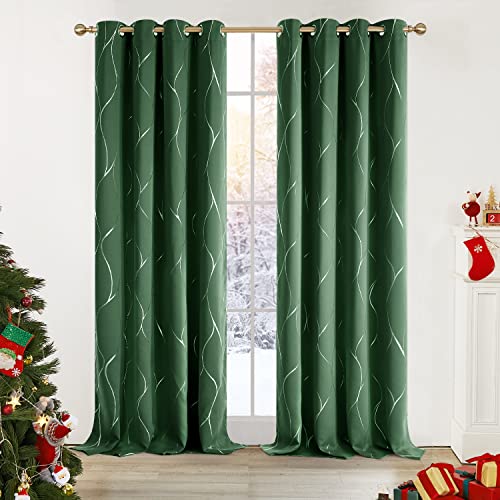 Deconovo Lot de 2 Rideaux Occultants à Oeillets avec Motif Argente Vert Sapin Rideau Chambre Fille 140x290cm Isolants Thermique Anti Froid