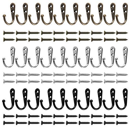 AIFUDA 30 piezas Ganchos para colgar en la pared Colgador de tela Gancho para bata con 60 tornillos (negro, plata, bronce)