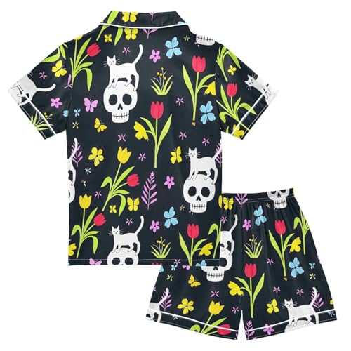 Skull Cat Tulip Flower Pajamas Set Summer Button Down Sleepwear Pjs Sets Comfy Loungewear2