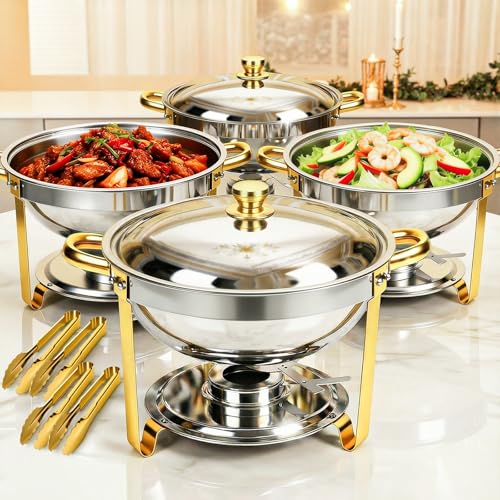 ALSO GO Round Chafing Dishes for Buffet 4 Pack, 6QT Chafing Dishes Buffet Set Gold, Catering Food Warmer for Parties Buffet with Full Size Chafing Pans, Stainless Steel Warming Trays for Thanksgiving
