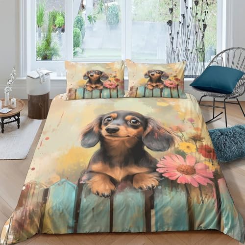 Housse de couette teckel anti-allergie, parure de lit microfibre douce fermeture éclair