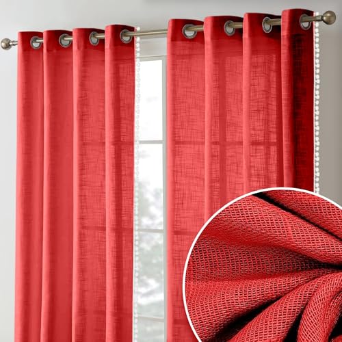 Image of THE LINEN COMPANY Cotton Sheer Grommet Curtains with Side Border Pompom Sheer Curtain for Window Linen Textured, Light Filtering, Pack of 2 (Chilli Red, 6 Feet)