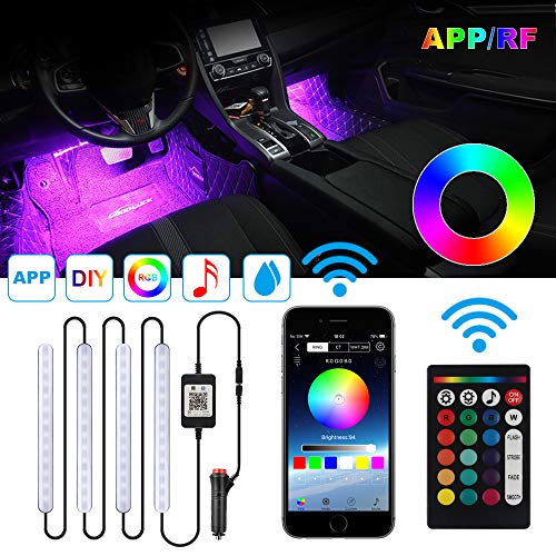 Car Interior Lights,TACHICO Car RGB LED Strip Lights APP RF Wireless Remote Control Car Interior 4pcs Multi-Color music Waterproof Lights Kit Strips with Sound control Car Charger Included DC 12V…