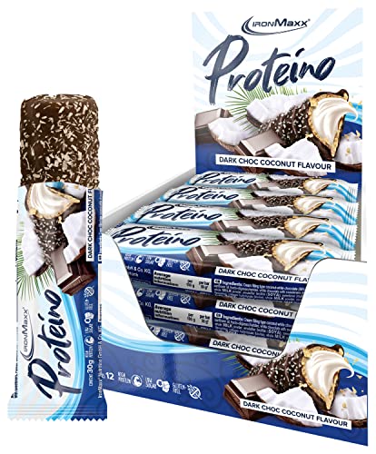 IronMaxx Proteino Proteinriegel 12x30g - Dark Choc Coconut | High Protein Bar mit cremiger Füllung auf Waffelbasis | Zuckerreduziert glutenfrei palmölfrei Fitness Snack