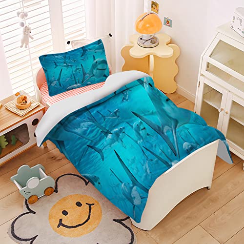 YUANZU Shark Duvet Cover Set Single for Kids Boys Teens Bedding Set 2 Pieces Ocean White Shark Underwater World Printed Soft Microfiber Quilt Cover with Zipper Closure (135x200cm & 1Pillowcase) - Image 2