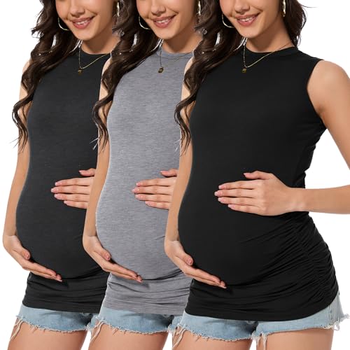 Smallshow Women's Maternity Tank Top Crew Neck Sleeveless Pregnancy Clothes 3 Pack,Black-Deep Grey-Light Grey,XXL