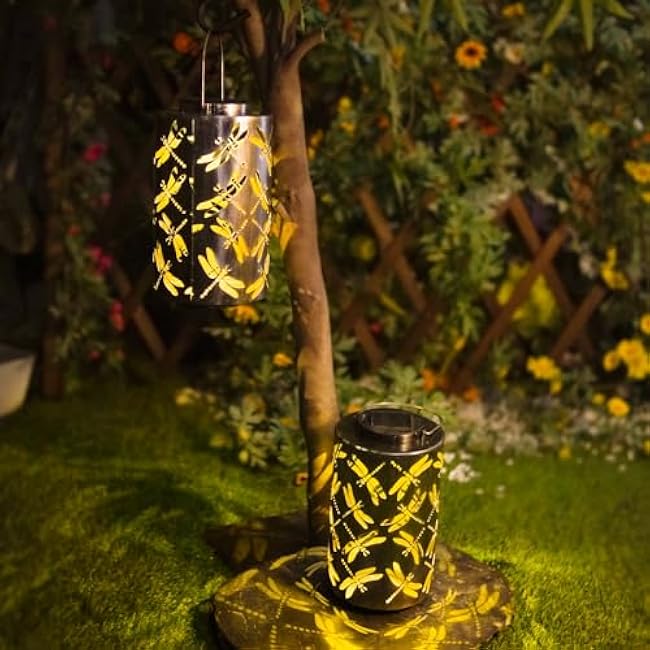 Solar Lanterns Outdoor Hanging Lights, Dragonfly Hollow Decor, Metal Waterproof Decorative Lanterns for Garden Patio Yard Lawn Backyard Front Porch as Gifts for Mom Grandma Women