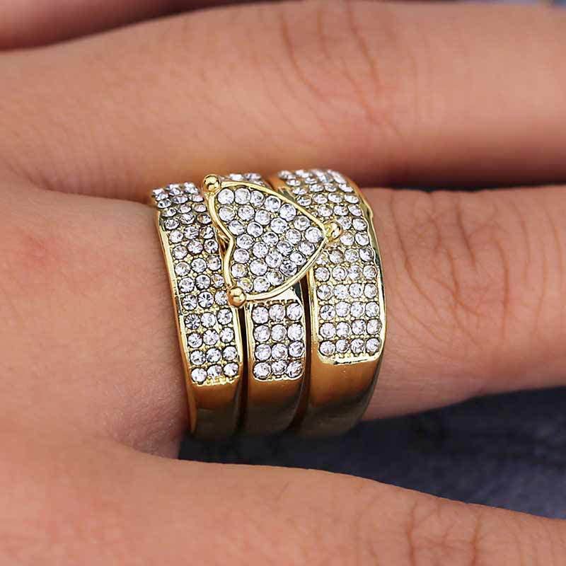 14K Gold Plated Heart CZ Ring Sets AAA Cubic Zirconia Three Row Round Faux Diamond Engagements Rings Wedding 3 Pcs Promise Anniversary White Gold Rings for Women Jewelry Gift3