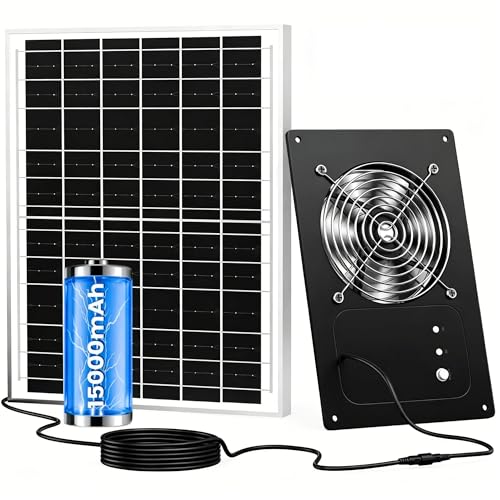Solar Fan for Chicken Coop with Battery & Timer, 20W Solar Power Exhaust Fan for Greenhouse, Silent High Wind Speed, IP65 Rainproof, for Outdoor Shed Vent Pet House Doghouses