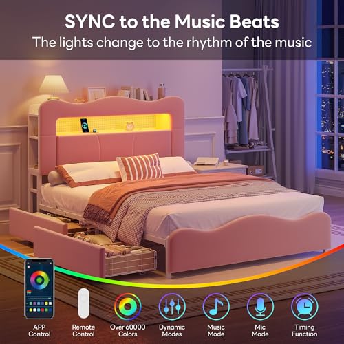 Image of LIKIMIO Full Upholstered LED Bed Frame with 2 Storage Drawers and Bookcase Storage Headboard, Velvet Princess Platform Bed with Charging Station, Heavy Duty Metal Support, No Box Spring Needed, Pink