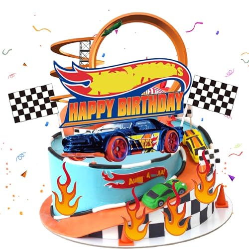 Tarta ndeko Jungen Car- Hot Whels Kuchen Deko Kindergeburtstag Rennwagen Tortendeko Auto Sportwagen Cake Topper Set Happy Birthday Cupcake Topper für Kinder Geburtstag Party Kuchen Dekoration Supplies