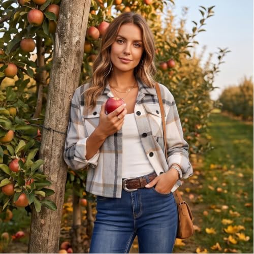 Crop Jackets for Women Plaid Fashion Button Down Collared Fall Coats - image 2