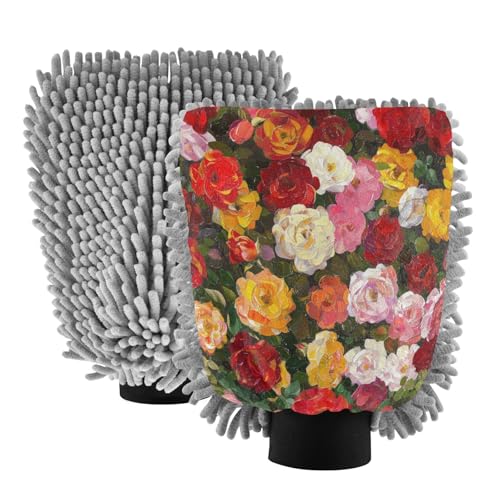 ALAZA Colorful Rose Flower Floral Painting Car Wash Mitt Scratch Free, 2 Pack Absorbent Microfiber/Chenille Washing & Drying Mitts, M