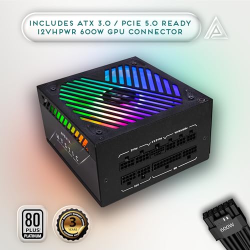 Image of Apevia ATX-MT1000W Mystic 1000W Fully Modular 80+ Platinum Certified, PCIe 5.0 & ATX 3.0 Ready Active PFC ATX RGB Gaming Power Supply, Includes Gen 5 12VHPWR Connector & 366 RGB Light Modes