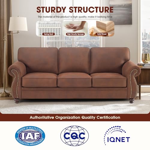 Image of Couchus 88 inch W Sofa Couches with Nailhead Trim, Mid-Century Vintage Faux Leather 3-Seater Sofa, Upholstered Couch for Living Room (Caramel Rust, 3-Seater)