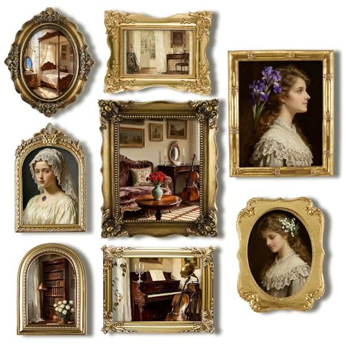 8 Pcs Picture Gold Vintage Gallery Wall Frame Set Antique Resin Picture Frame Collage Including 8x10, 5x7, 4x6 Baroque Victorian for Wall Tabletop Display Ornate French Country for Bedroom Living Room
