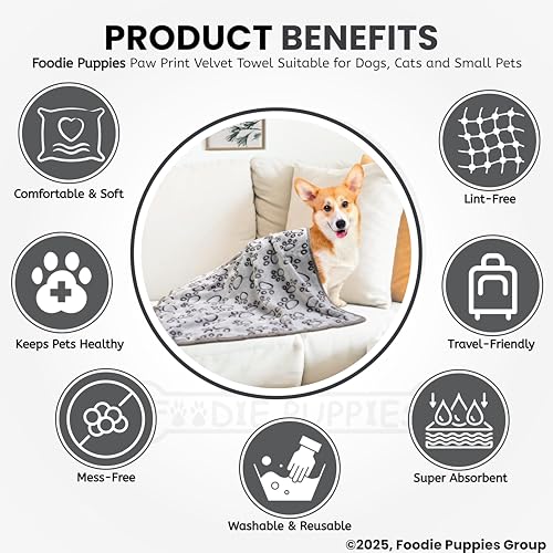 Image of Foodie Puppies Quick Drying Microfiber Pet Towel, (Paw Print Bath Towel) (Grey, 107 cm x 85 cm) Large Super Absorbent Soft Fleece Bath Towel for Drying Dogs & Cats, Grooming Blanket