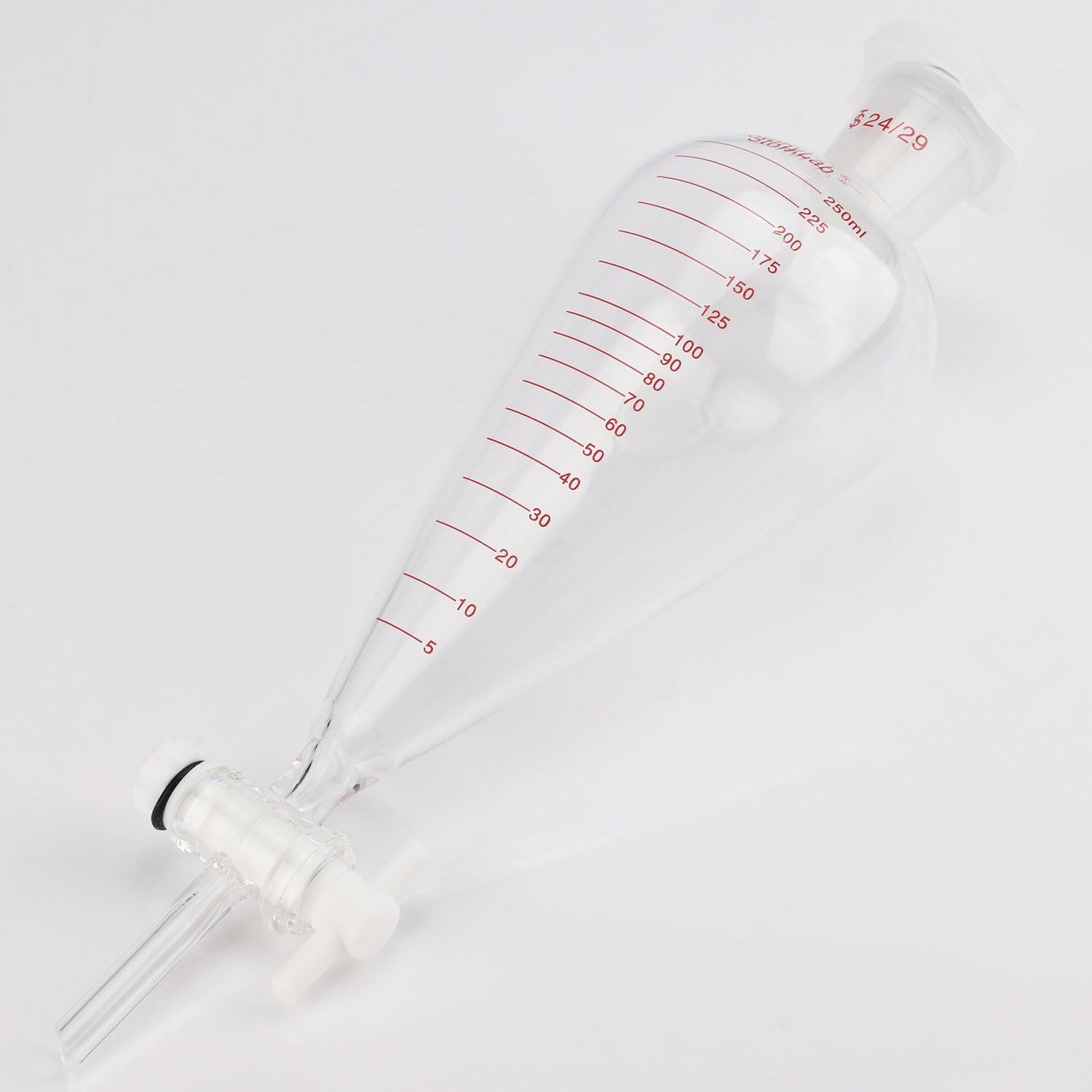 stonylab Imbuto Separatore Graduato, Parete Spessa a Forma di Pera Conica in Vetro Borosilicato, Rubinetto in PTFE e Tappo Superiore in Plastica, 250 ml