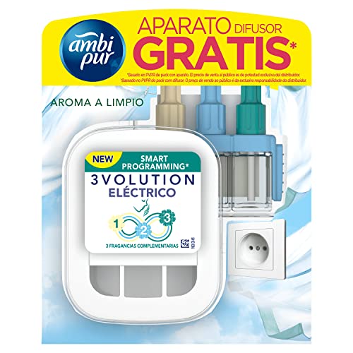 Ambi Pur 3Volution Ambientador Eléctrico Recambio Aroma a Limpio, 3 Fragancias Complementarias para Eliminar los Malos Olores